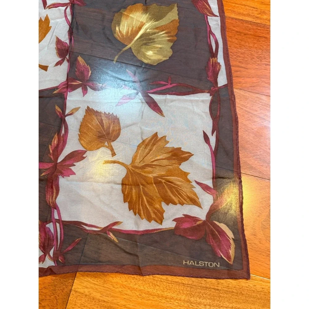 Halston Silk Scarf Autumn Leaves Sheer | Black White Brown |‎ 20